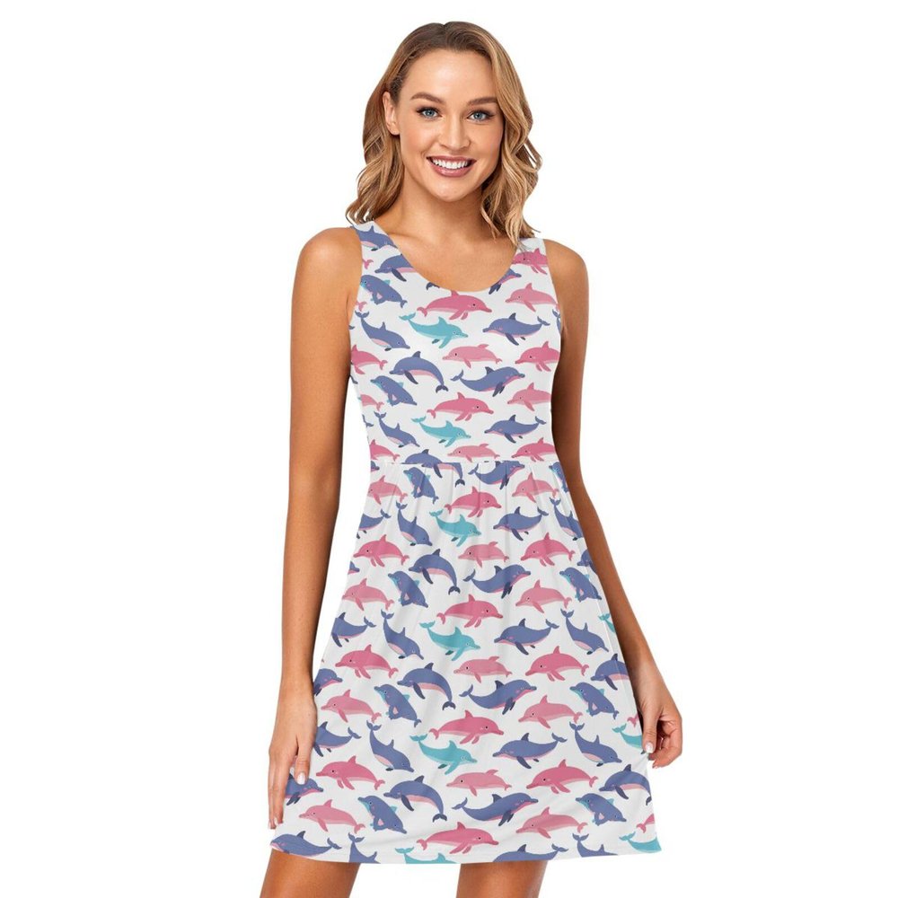 ALAZA Fish Dolphin White Women Summer Dresses Casual Sleeveless Sundress with Pockets Tank Dress XL