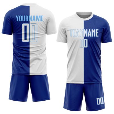 Mens Soccer Jersey Sets Blue White, Custom Football Team Uniforms with Name Number Logo Print Front and Back, Personalized Sports T-Shirts and Shorts for Adults Youth Boys Girls Women