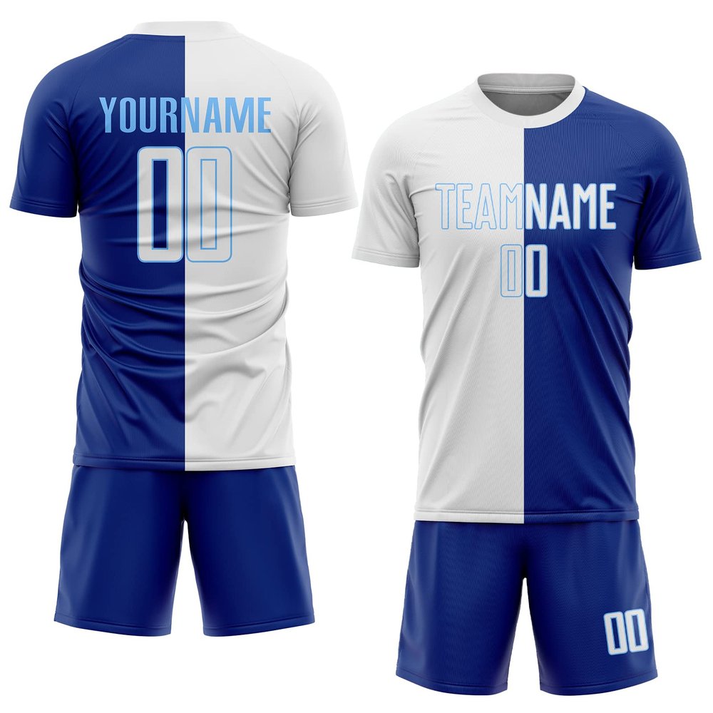 Mens Soccer Jersey Sets Blue White, Custom Football Team Uniforms with Name Number Logo Print Front and Back, Personalized Sports T-Shirts and Shorts for Adults Youth Boys Girls Women