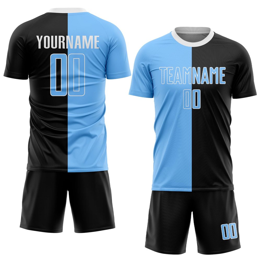 Custom Boys Mens Soccer Jerseys Sky Blue Black Personalized Team Jersey Unisex with Name Logo Number Printed Front and Back, Football Tees and Shorts Sets Sports Uniform for Adults Youth