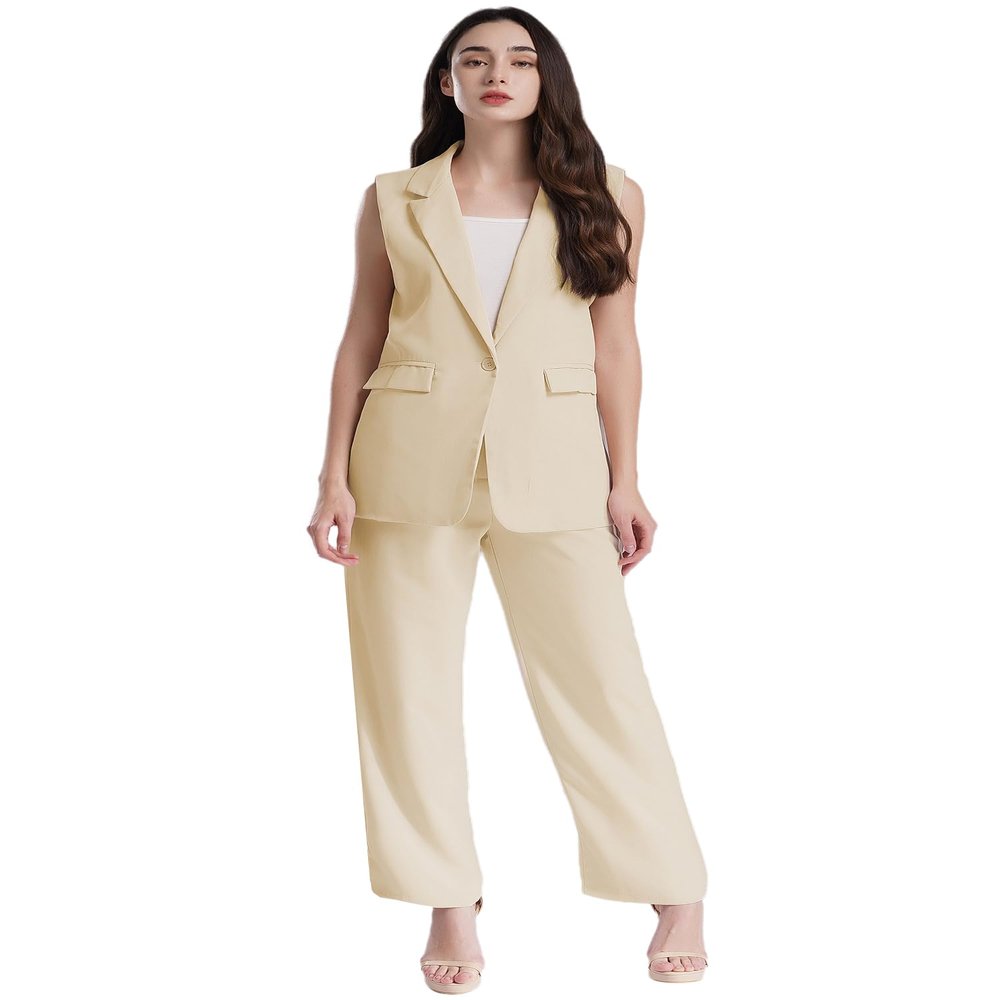 YiZYiF Women 2 Piece Business Casual Outfits Sleeveless Vest Blazer and Wide Leg Pants Office Work Suit Sets White X-Large