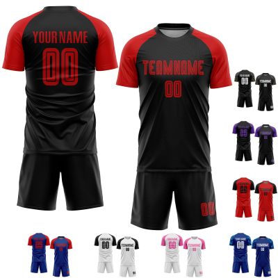 Customized Black Red Soccer Jerseys Sets for Men Youth Women, Design Your Own Football Team Uniforms with Name Number Logo Print Front and Back, Personalized Sports T-Shirts and Shorts Gifts