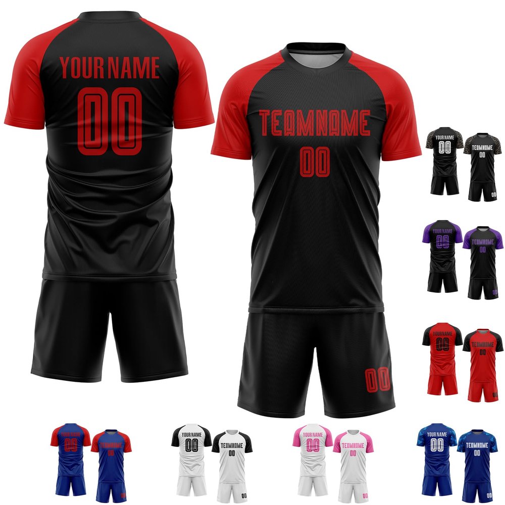 Customized Black Red Soccer Jerseys Sets for Men Youth Women, Design Your Own Football Team Uniforms with Name Number Logo Print Front and Back, Personalized Sports T-Shirts and Shorts Gifts