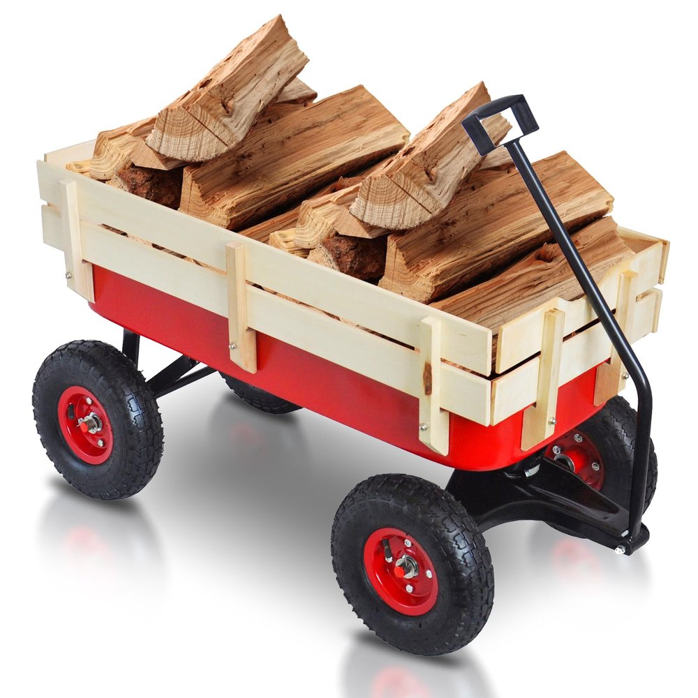 QUAWIP Outdoor Garden Cart Heavy Duty Steel w/Removable Wooden Side Panels Cargo Red Wagon with 10" All-Terrain Air Tires,Foldable Handle Cart,Gardening Supplies(Red)