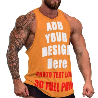 scocici Custom Mens Sleeveless t Shirts for Gym Summer Beach Muscle Tee Printed Add Your Photo Logo Text Workout Tank Tops Style14 Orange, Small