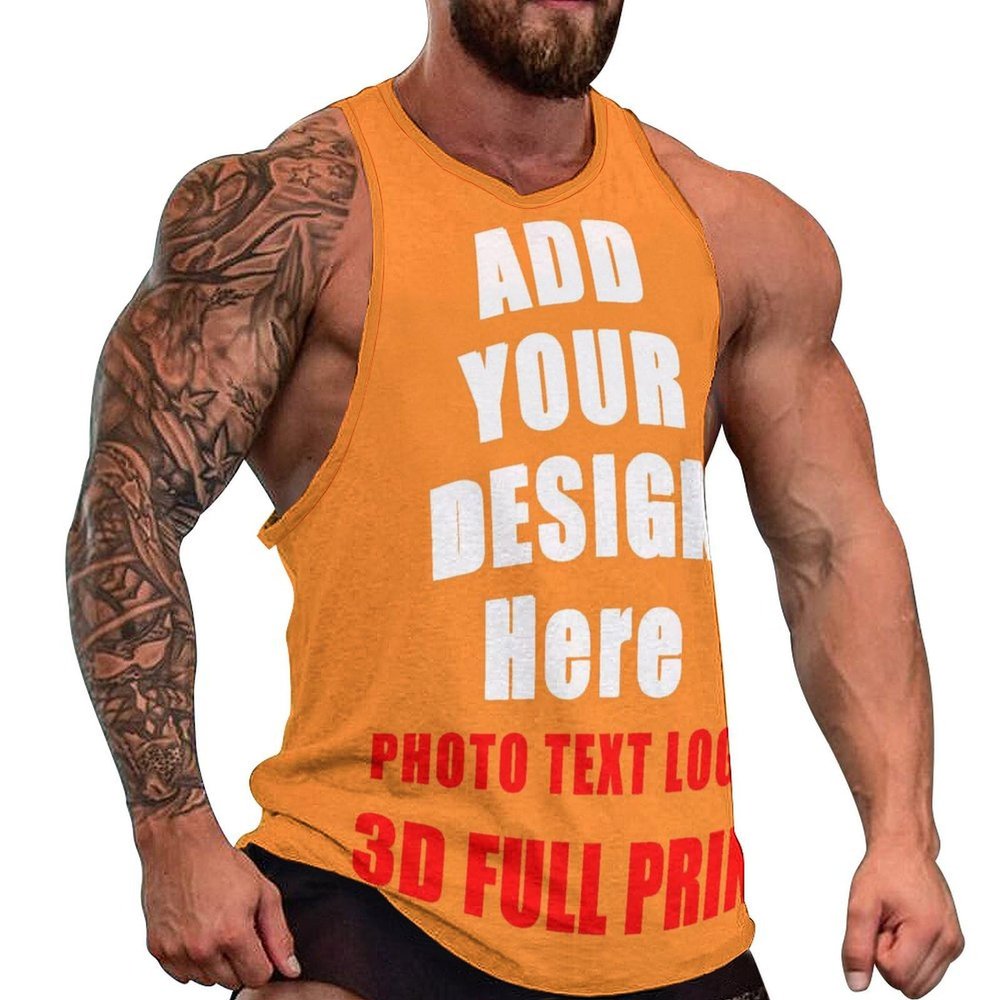 scocici Custom Mens Sleeveless t Shirts for Gym Summer Beach Muscle Tee Printed Add Your Photo Logo Text Workout Tank Tops Style14 Orange, Small