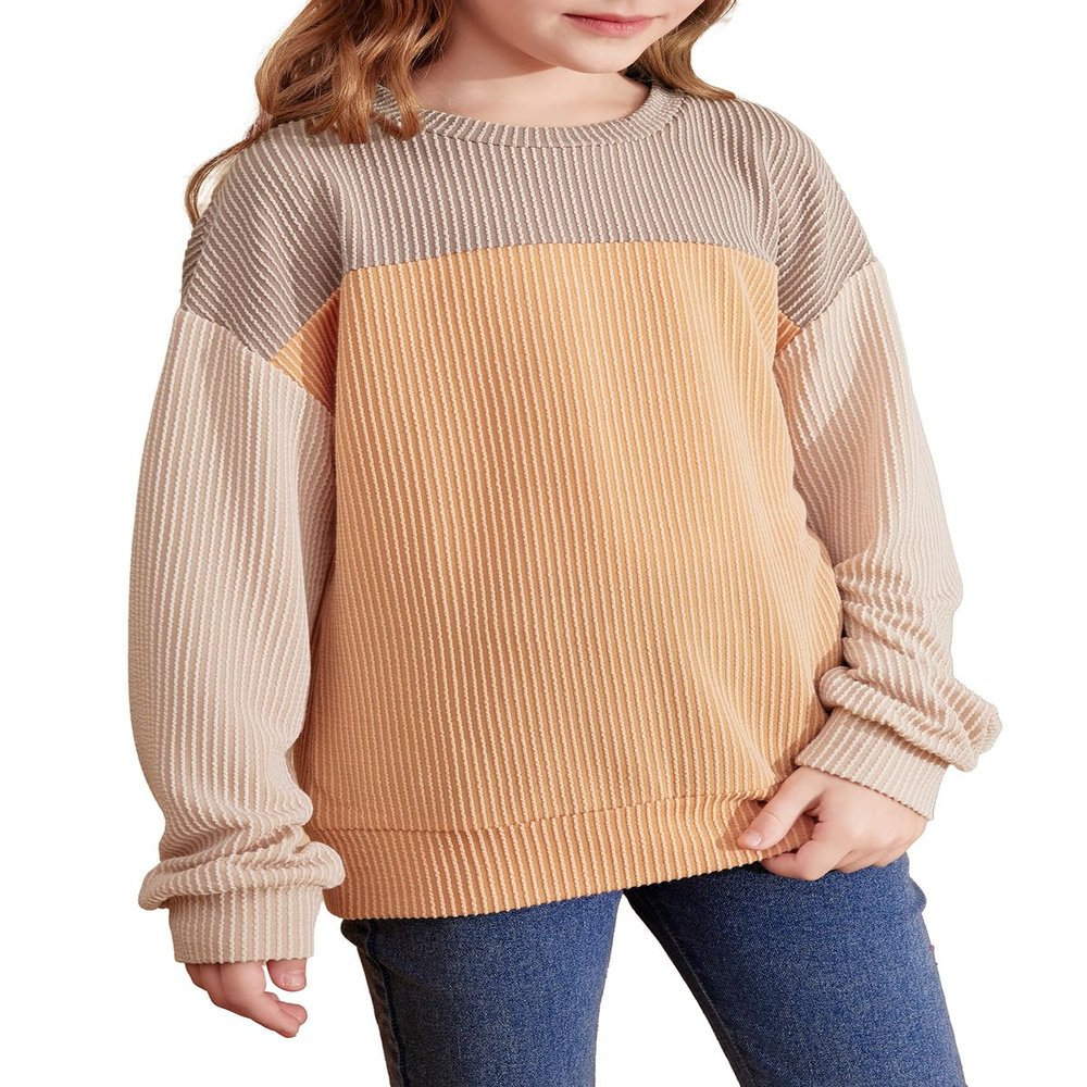 blibean Teen Girls Fall Shirts Big Kid Puff Long Sleeve Striped Color Block Tops Little Girl Spring Tee Shirt Casual Crewneck Tunic Blouse Clothes Size 10-11 Year Old Khaki