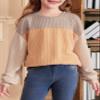 blibean Teen Girls Fall Shirts Big Kid Puff Long Sleeve Striped Color Block Tops Little Girl Spring Tee Shirt Casual Crewneck Tunic Blouse Clothes Size 10-11 Year Old Khaki view 3