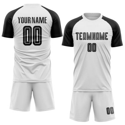 Customized Black White Soccer Jerseys Sets, Personalized Soccer Uniforms Sports T-Shirts and Shorts with Name Number Team Logo Printed for Youth Teens Boys Girls Men Women