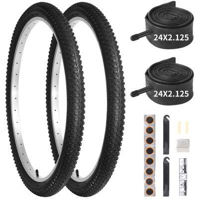 24" x 2.125" Mountain Bike Tire Replacement Set, 2 Pack 24 inch Bike Tires & 24x2.125 Bike Tubes & Tire Replacement Set, 30mm Schrader Valve Inner Tubes Rubber Tires for Hard Roads, Muddy Trails