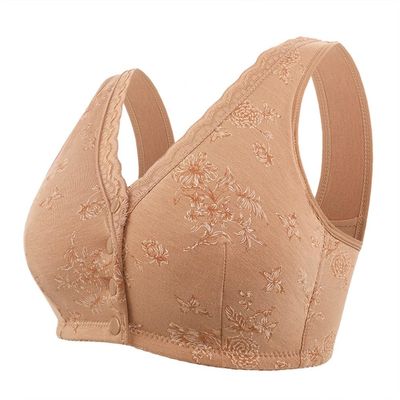 Fashion Printed Front Closure Bra Plus Size Wireless Comfort Bralette Sexy Lace Full Cup Sports Bras for Mature Women(Color:Coffee,Size:50/115)