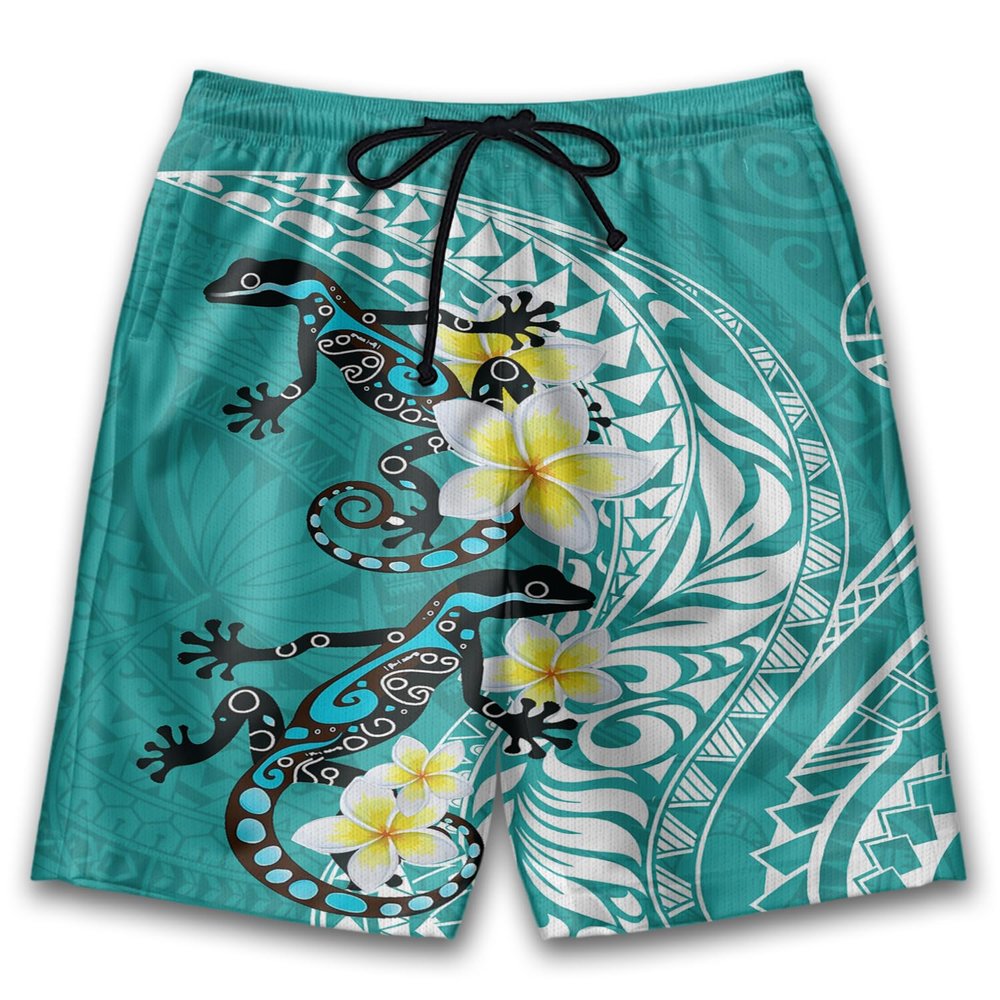 Polynesian Mens Swim Trunks - Gecko Aloha Hawaiian Mens Shorts - Summer Drawstring Beachwear Shorts Series 77 Size 2XL