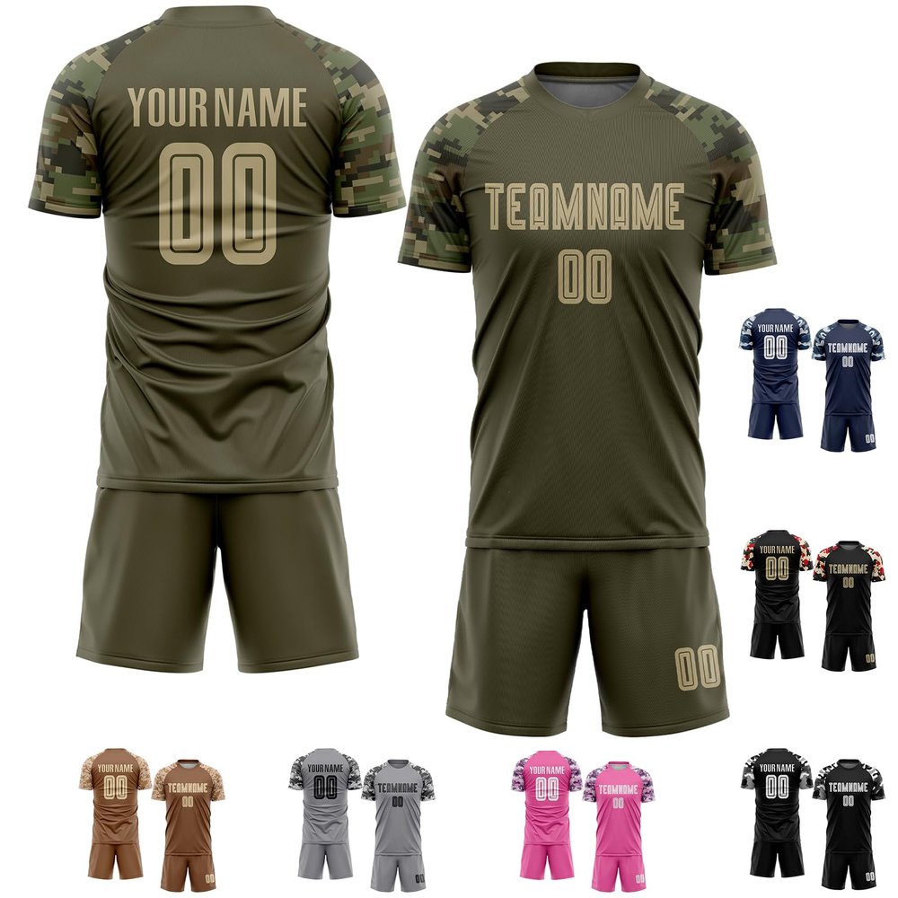 Customized Soccer Jersey Sets Camo Green for Men Boys Women, Personalized Soccer T-Shirts and Shorts Football Uniforms with Name Logo Number Printed, Design Sports Team Jerseys for Adults Youth
