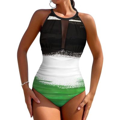 BRUAOWJF Palestine Flag One-Piece Swimsuit Tummy Control Bathing Suits for Women Full Coverage Cutout Mesh Sexy Swimwear S