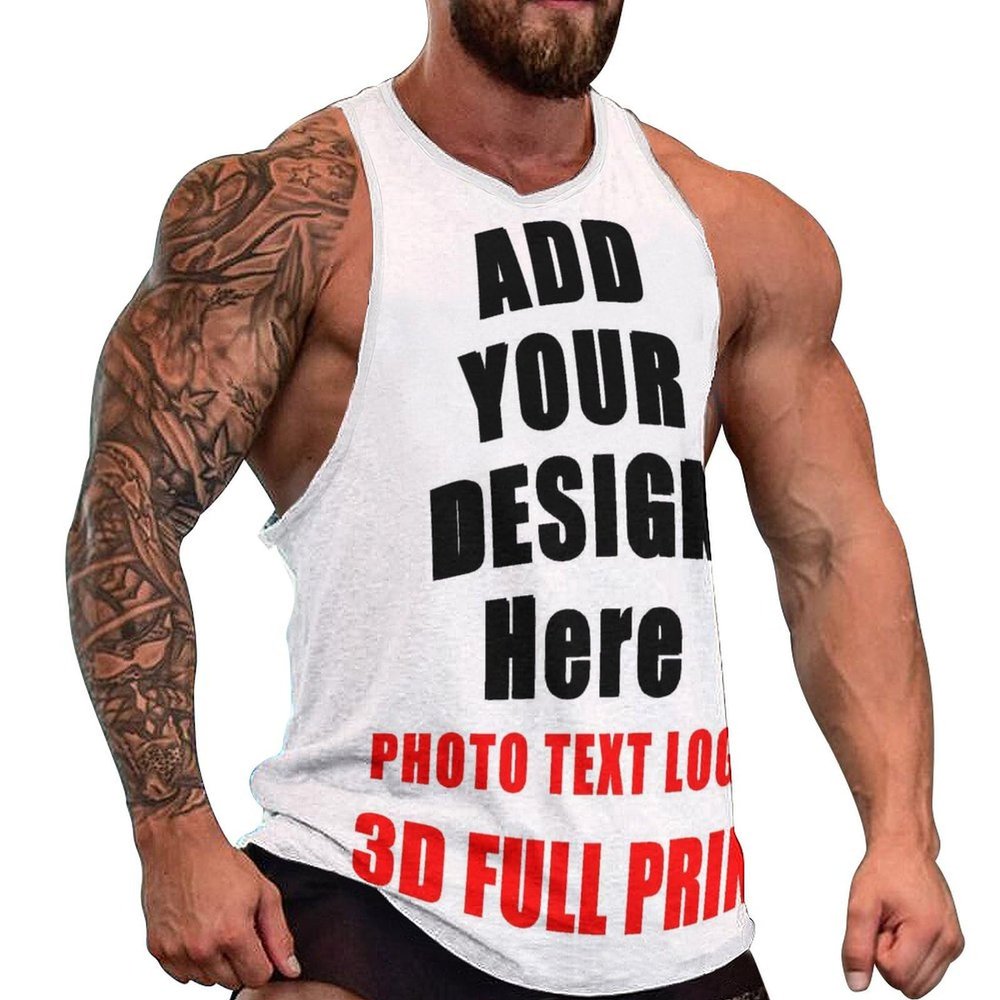 Custom Mens Sleeveless t Shirts for Gym Summer Beach Muscle Tee Printed Add Your Photo Logo Text Workout Tank Tops Style03 White