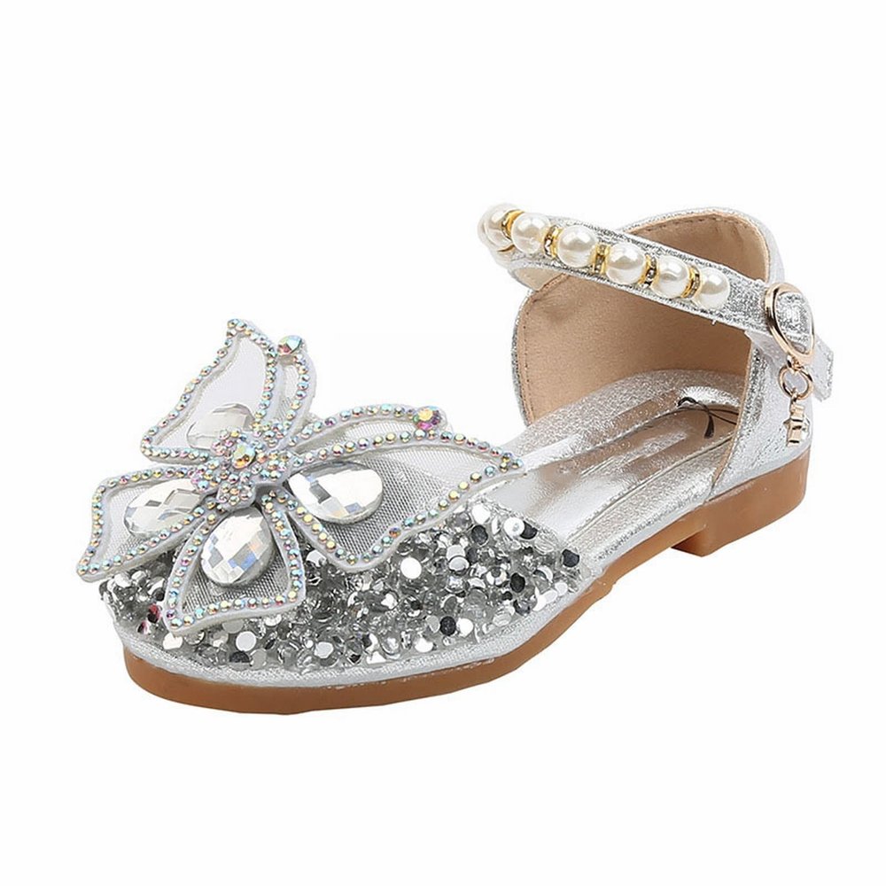 Egmy Summer Girls' Casual Jelly Shoes Korean Edition Kids Toddler Princess Dress Rhinestone Butterfly Knot Sandals Glitter Wedding Party Shoes (Silver, 9 Toddler)