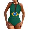 BRUAOWJF Brazilian Flag One-Piece Swimsuit Tummy Control Bathing Suits for Women Full Coverage Cutout Mesh Sexy Swimwear XL view 1