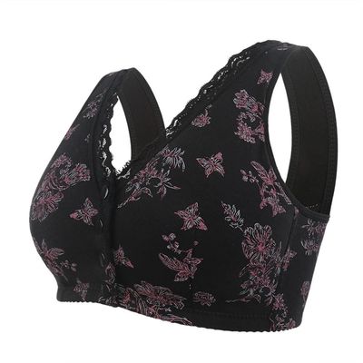 Fashion Printed Front Closure Bra Plus Size Wireless Comfort Bralette Sexy Lace Full Cup Sports Bras for Mature Women(Color:Black,Size:38/85)