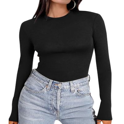 Ekouaer Women's Long Sleeve Shirts Tight Fitted Tops Crewneck Underscrubs Tee Lightweight Basic Thermal Undershirts Black S