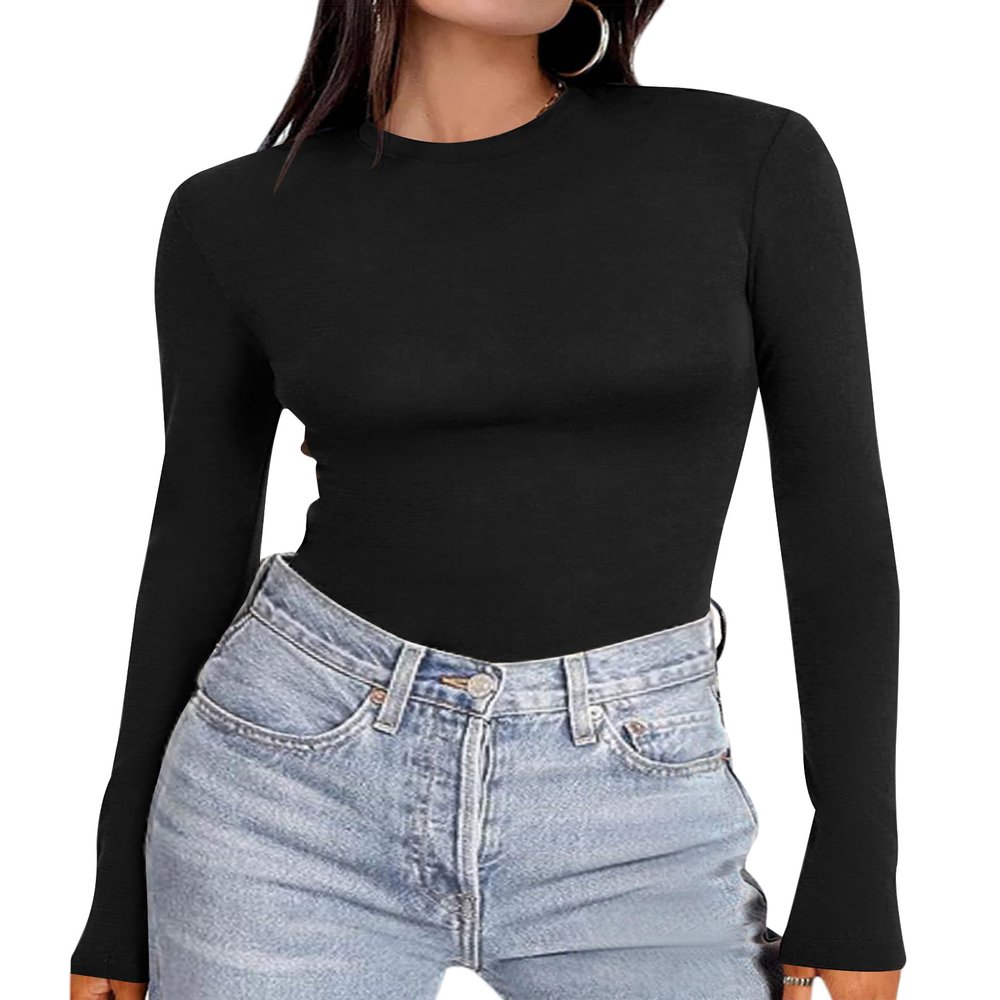 Ekouaer Women's Long Sleeve Shirts Tight Fitted Tops Crewneck Underscrubs Tee Lightweight Basic Thermal Undershirts Black S