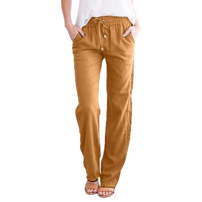Ladies Pants Pull On,Deals of The Day Today Prime,Womens Casual Cotton Linen Pants Lightweight Summer Relax Fit Elastic Waist Straight Leg Plus Size Solid Lounge Long Trousers 3-Ora
