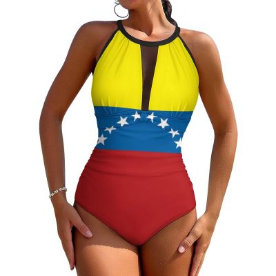 BRUAOWJF Venezuelan Flag One-Piece Swimsuit Tummy Control Bathing Suits for Women Full Coverage Cutout Mesh Sexy Swimwear L, Style-14