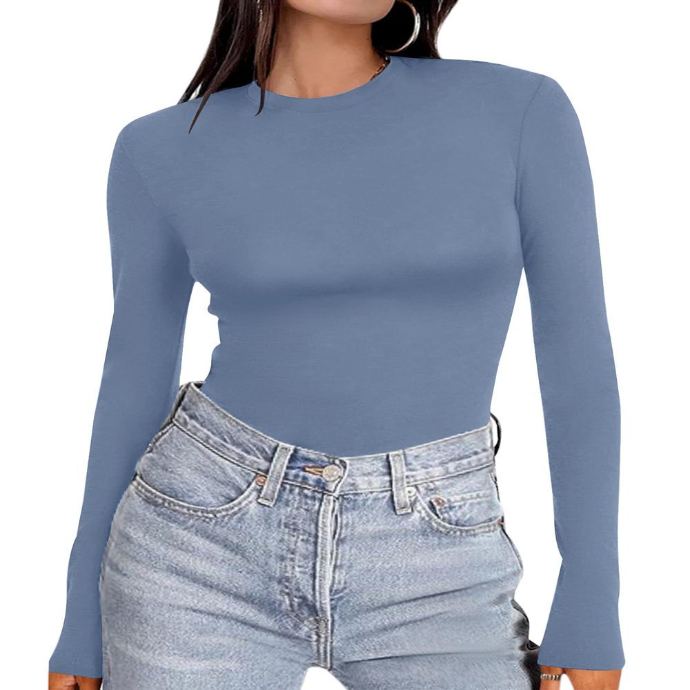 Ekouaer Women's Long Sleeve Shirts Tight Fitted Tops Crewneck Underscrubs Tee Lightweight Basic Thermal Undershirts Blue-Gray XXL