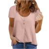Summer Tops for Women Crewneck Henley T Shirts Short Sleeve Buttons Up Tunics Trendy Solid Color Texture Blouses Pink view 1