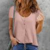 Summer Tops for Women Crewneck Henley T Shirts Short Sleeve Buttons Up Tunics Trendy Solid Color Texture Blouses Pink view 2