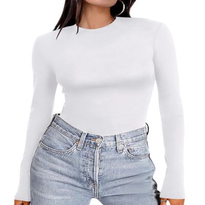 Ekouaer Women's Long Sleeve Shirts Tight Fitted Tops Crewneck Underscrubs Tee Lightweight Basic Thermal Undershirts White M