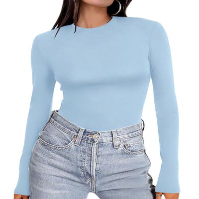 Ekouaer Women's Long Sleeve Shirts Tight Fitted Tops Crewneck Underscrubs Tee Lightweight Basic Thermal Undershirts Light Blue L