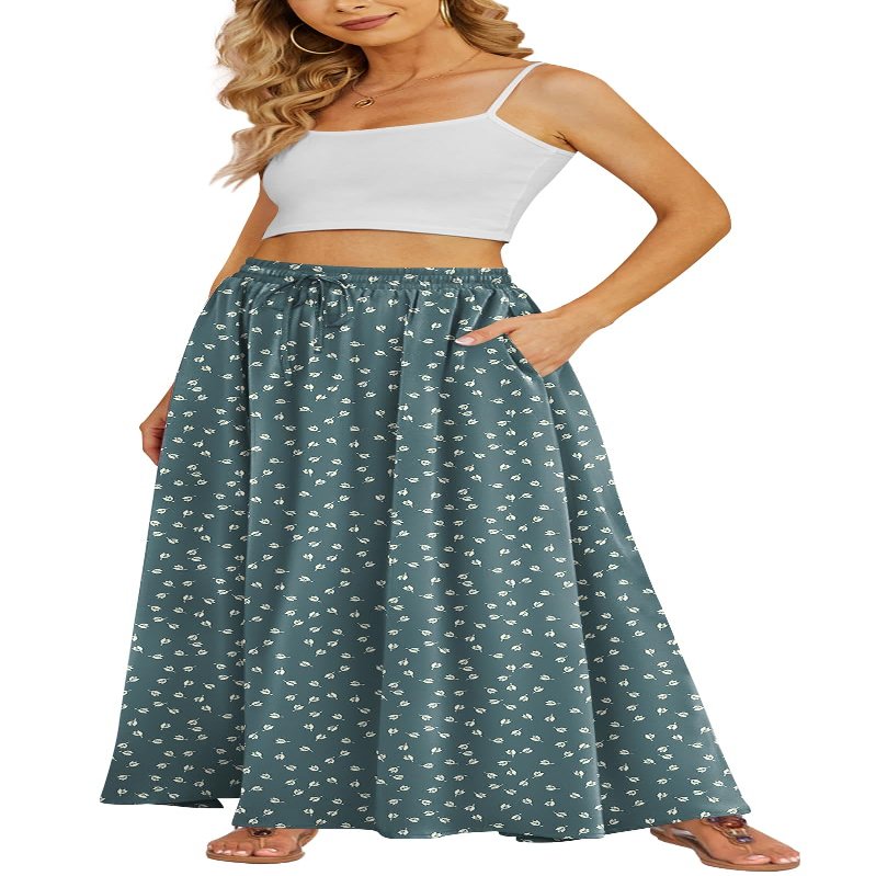 Yincro Women's Flowy Maxi Skirt Summer Pleated High Waisted Casual Long Skirts with Pockets (Tulips Gray Green, S)