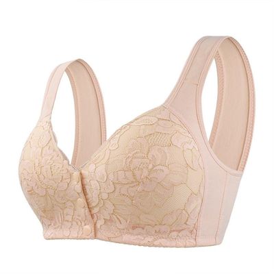 Plus Size Front Closure Summer Bra Middle-aged Women Sexy Lace Wireless Comfort Sleep Bras Full Cup Support Bralette(Color:Skin,Size:52/120)