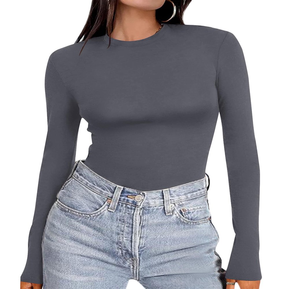 Ekouaer Women's Long Sleeve Shirts Tight Fitted Tops Crewneck Underscrubs Tee Lightweight Basic Thermal Undershirts Darkgrey S