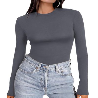 Ekouaer Women's Long Sleeve Shirts Tight Fitted Tops Crewneck Underscrubs Tee Lightweight Basic Thermal Undershirts Darkgrey XS