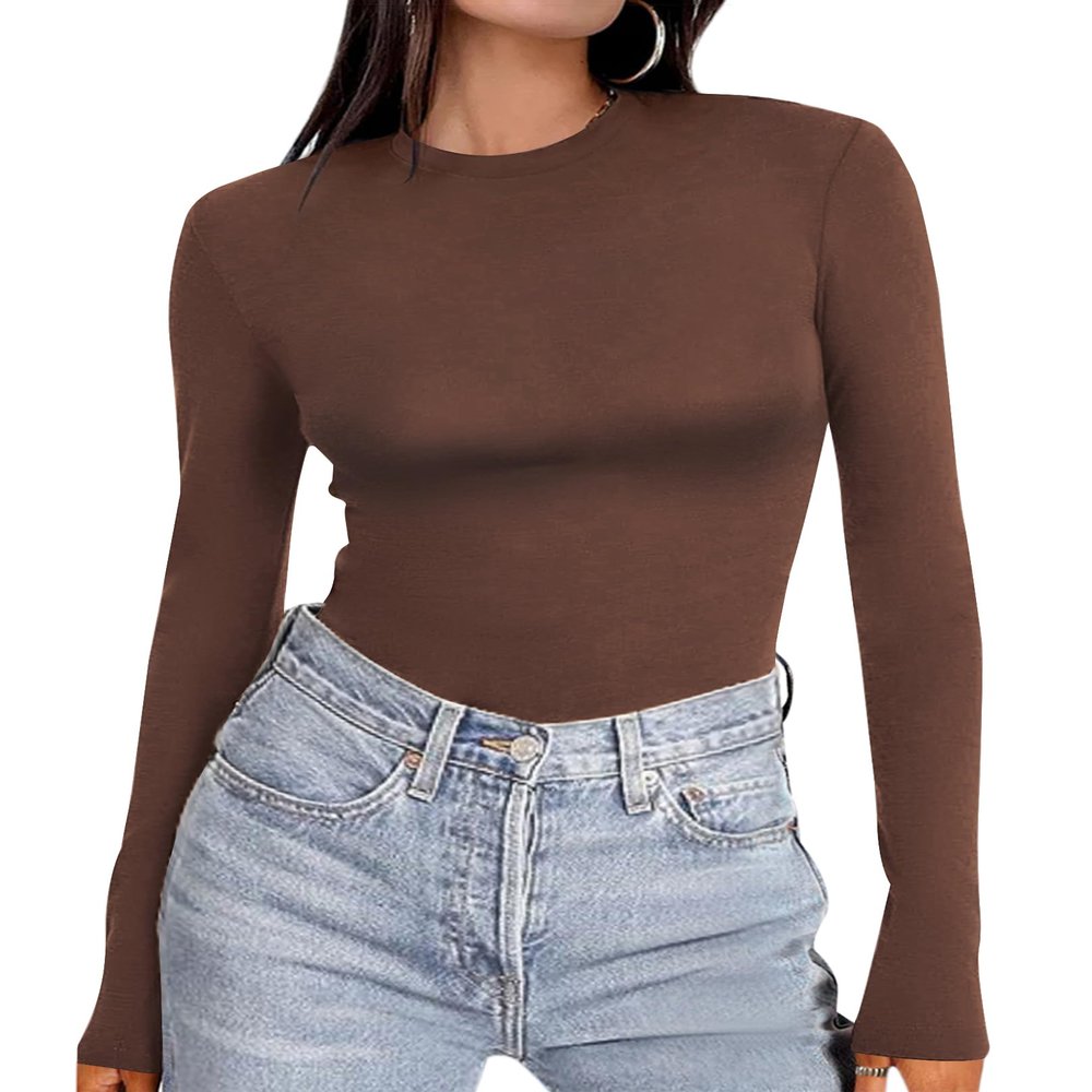 Ekouaer Women's Long Sleeve Shirts Tight Fitted Tops Crewneck Underscrubs Tee Lightweight Basic Thermal Undershirts Coffee XS