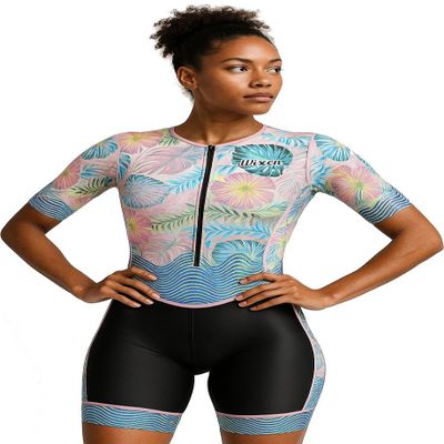 WIXEN PRO Women Triathlon Suit Sleeve Trisuit Aerodynamic Swim Bike Run Suit Back Pocket (multifloral_2XL)