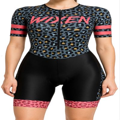 WIXEN PRO Women Triathlon Suit Sleeve Trisuit Aerodynamic Swim Bike Run Suit Back Pocket Leopard