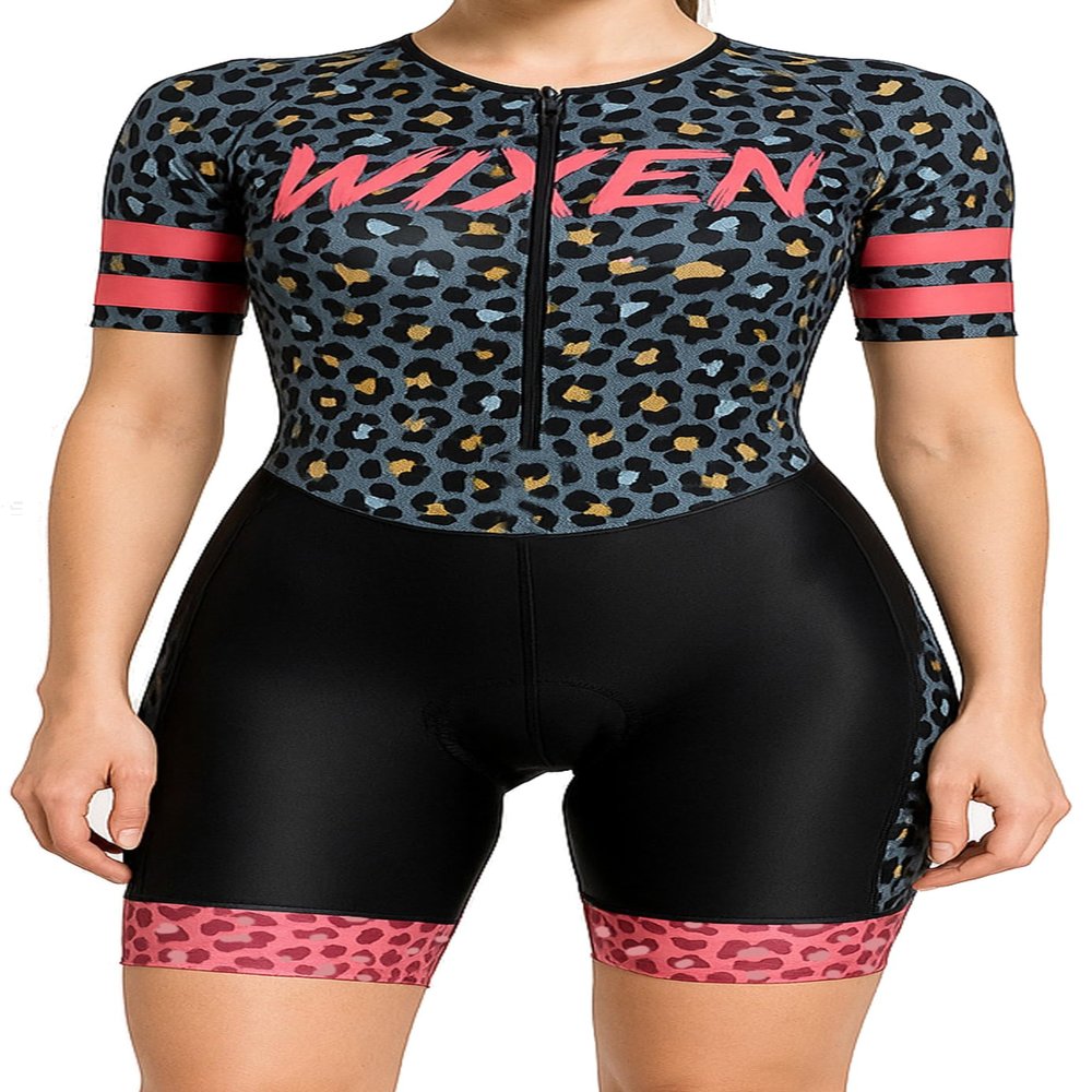 WIXEN PRO Women Triathlon Suit Sleeve Trisuit Aerodynamic Swim Bike Run Suit Back Pocket Leopard