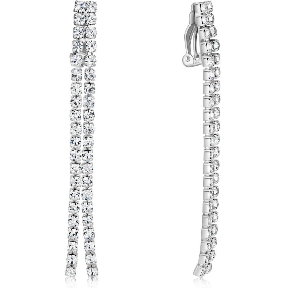 Clip On Earrings for Women - Tassel Earrings for Women, Long Sparkly Clip-On Simulated Diamond Drop, Sparkly Silver Tone Rhinestone Dangles in 2.8" inch, Dangly No Piercing Studs