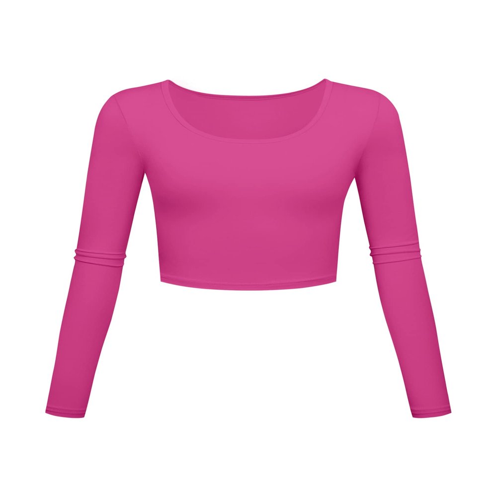 Long Sleeve Crop Tops for Women Workout Basic Clothes for Teen Ladies Fitted Slim Scoop Neck Cute Yoga Shirts (Hot Pink, X-Small)