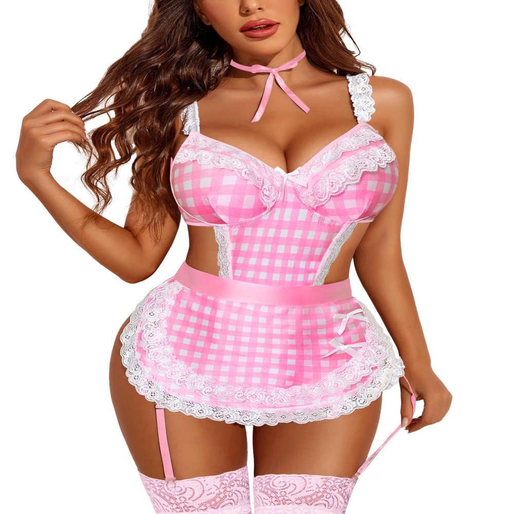 Avidlove Womens Lingerie Sets Lace V Neck Teddy Babydoll 3 Pack Lingerie Costumes Sleepwear Dress Pink Plaid XL