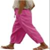 DMOYALA Women Elastic Waist Cropped Linen Pants - Breathable Pink High Waist Pants with Pockets view 1