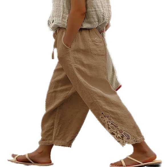 DMOYALA Women Elastic Waist Pants for Women Summer Lightweight Cotton Cropped Linen Pants Boho Travel Pants Cropped Hollow Out Linen Pants Breathable Brown High Waist Pants with Pockets