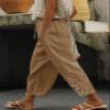 DMOYALA Women Elastic Waist Pants for Women Summer Lightweight Cotton Cropped Linen Pants Boho Travel Pants Cropped Hollow Out Linen Pants Breathable Brown High Waist Pants with Pockets view 2