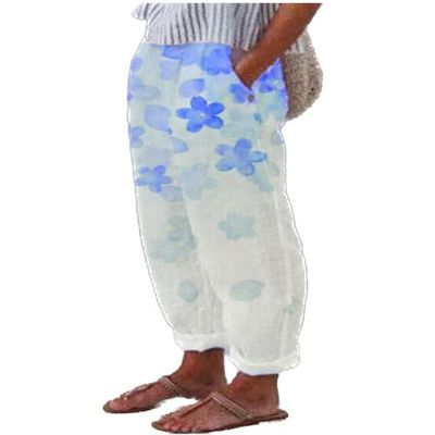 DMOYALA Womens Elastic Waist Pants for Women Summer Lightweight Cotton Cropped Linen Pants Boho Travel Pants Cropped Cotton Linen Pants Breathable High Waist Cropped Pants with Pockets