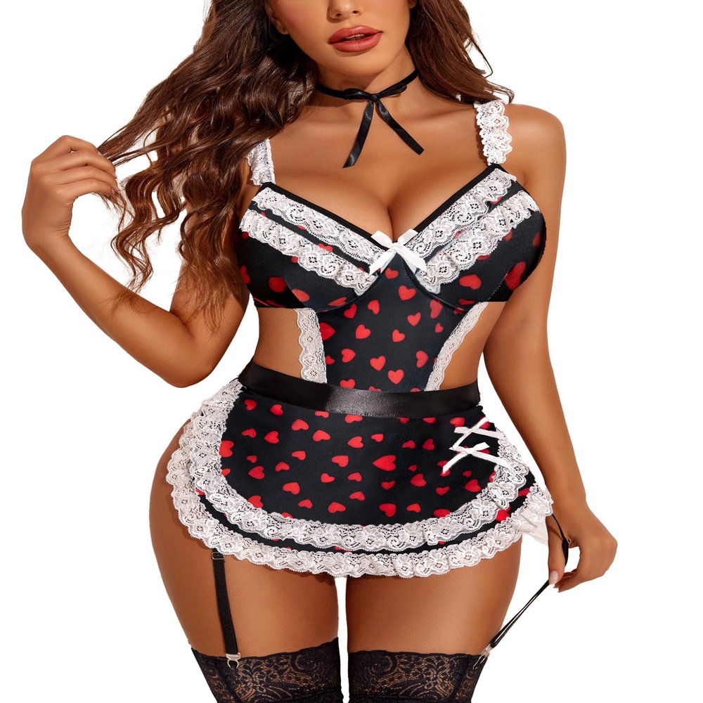 Avidlove Womens Lingerie Sets Lace V Neck Teddy Babydoll 3 Pack Lingerie Costumes Sleepwear Dress Red Heart XXL