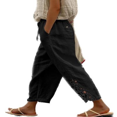 DMOYALA Women Elastic Waist Pants for Women Summer Lightweight Cotton Cropped Linen Pants Boho Travel Pants Cropped Hollow Out Linen Pants Breathable High Waist Trousers with Pockets