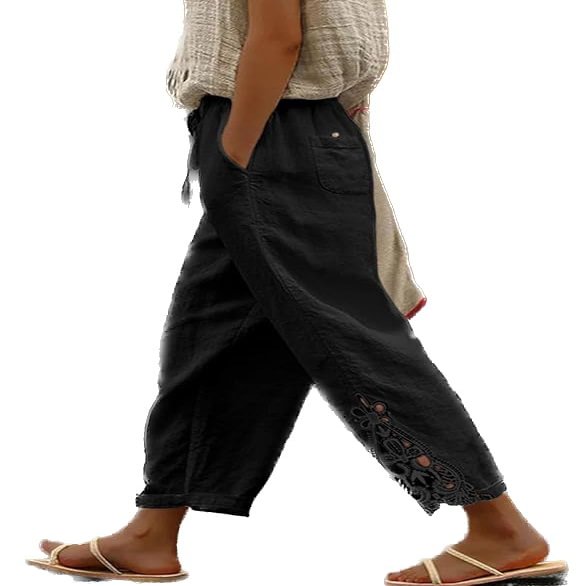 DMOYALA Women Elastic Waist Pants for Women Summer Lightweight Cotton Cropped Linen Pants Boho Travel Pants Cropped Hollow Out Linen Pants Breathable High Waist Trousers with Pockets