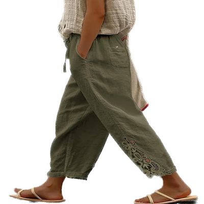 DMOYALA Women Elastic Waist Pants for Women Summer Lightweight Cotton Cropped Linen Pants Boho Travel Pants Cropped Hollow Out Linen Pants Breathable High Waist Trousers with Pockets